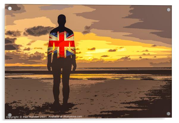 Crosby Beach Iron Man with Union Jack Acrylic by Paul Madden