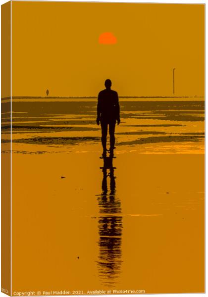 Iron man at sunset on Crosby Beach Canvas Print by Paul Madden