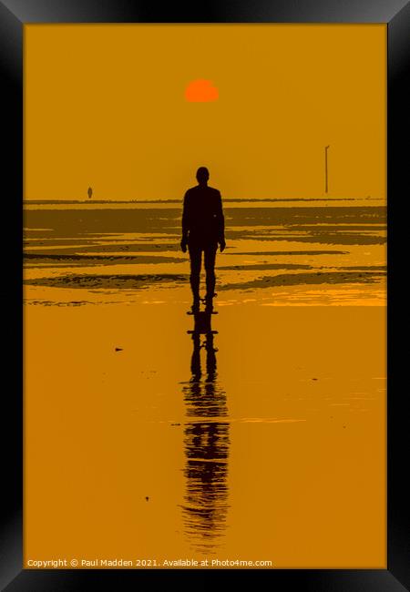Iron man at sunset on Crosby Beach Framed Print by Paul Madden