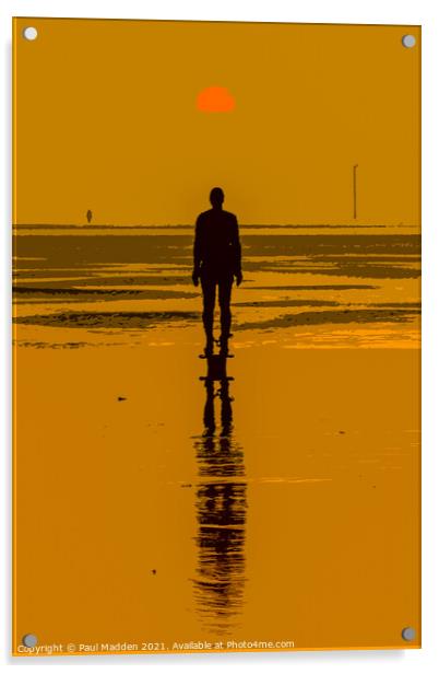 Iron man at sunset on Crosby Beach Acrylic by Paul Madden