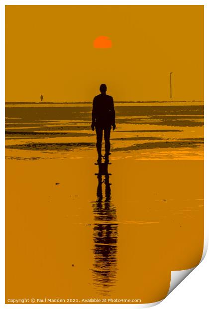 Iron man at sunset on Crosby Beach Print by Paul Madden