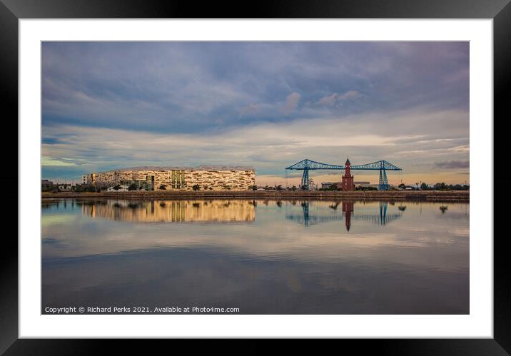 Transporter bridge and clock tower reflections Framed Mounted Print by Richard Perks