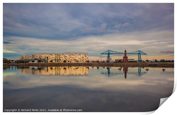 Transporter bridge and clock tower reflections Print by Richard Perks