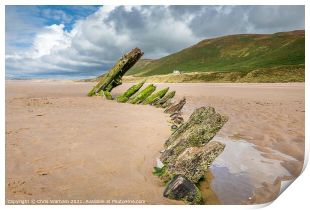 Old shipwreck on Rhosilli beach on the Gower Print by Chris Warham