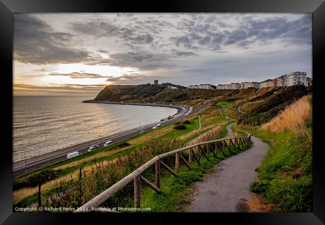 Scarborough north bay, pathways at sunrise Framed Print by Richard Perks