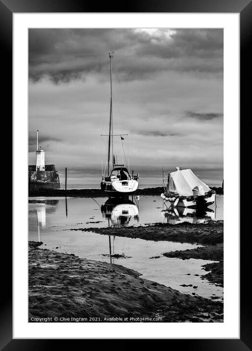 Moody Reflections of Boats in Black and White Framed Mounted Print by Clive Ingram