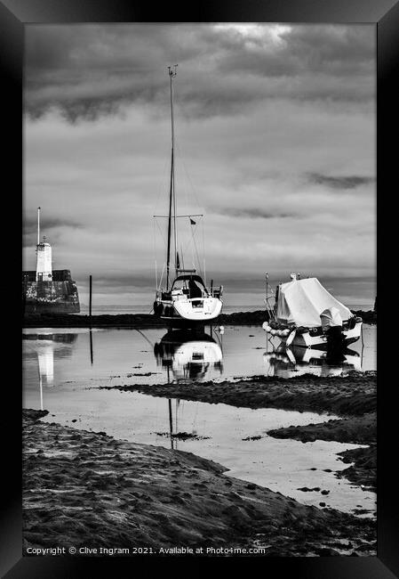 Moody Reflections of Boats in Black and White Framed Print by Clive Ingram