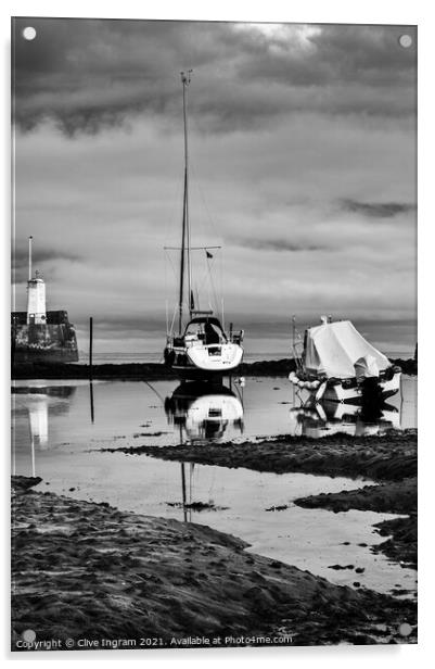 Moody Reflections of Boats in Black and White Acrylic by Clive Ingram