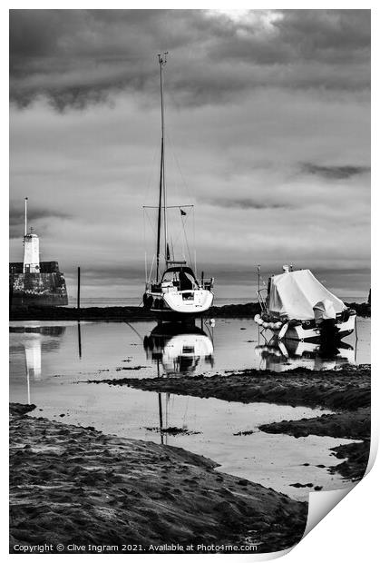 Moody Reflections of Boats in Black and White Print by Clive Ingram