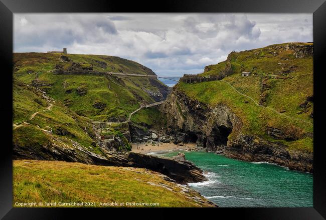 Merlin's Cave and Tintagel Cove Framed Print by Janet Carmichael