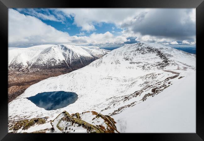 Winter view of Ben Macdui, Cairn Toul and Lochan Uaine, Cairngorms Framed Print by Justin Foulkes
