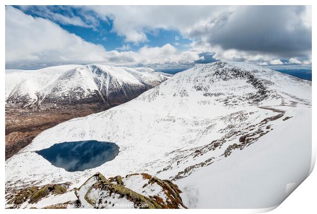 Winter view of Ben Macdui, Cairn Toul and Lochan Uaine, Cairngorms Print by Justin Foulkes