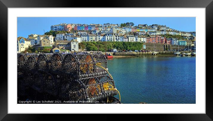Brixham Harbour and crab pots Framed Mounted Print by Les Schofield