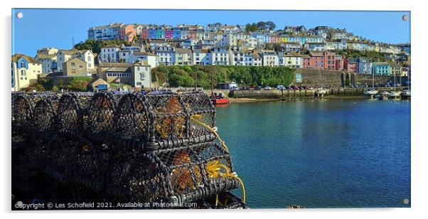 Brixham Harbour and crab pots Acrylic by Les Schofield