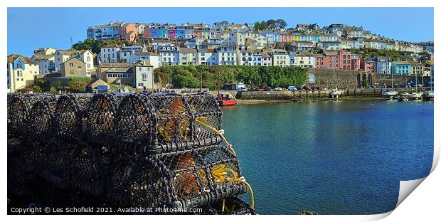 Brixham Harbour and crab pots Print by Les Schofield
