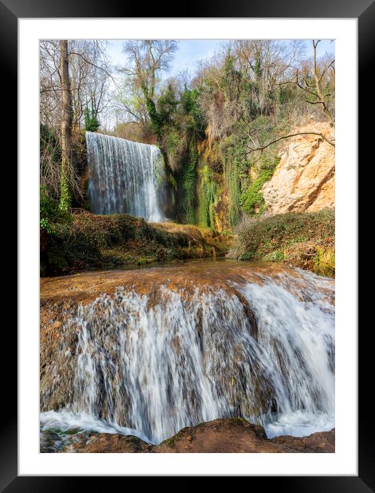 Double waterfall with the whimsical one in the background at the Monasterio de Piedra Framed Mounted Print by Vicen Photo