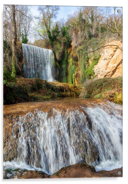 Double waterfall with the whimsical one in the background at the Monasterio de Piedra Acrylic by Vicen Photo