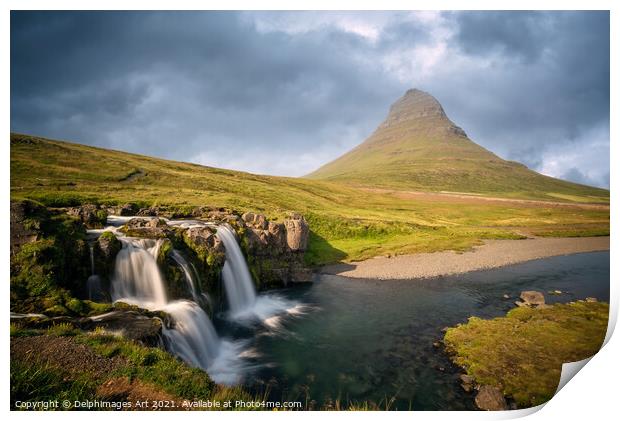 Iceland landscape. Mount Kirkjufell and waterfall Print by Delphimages Art