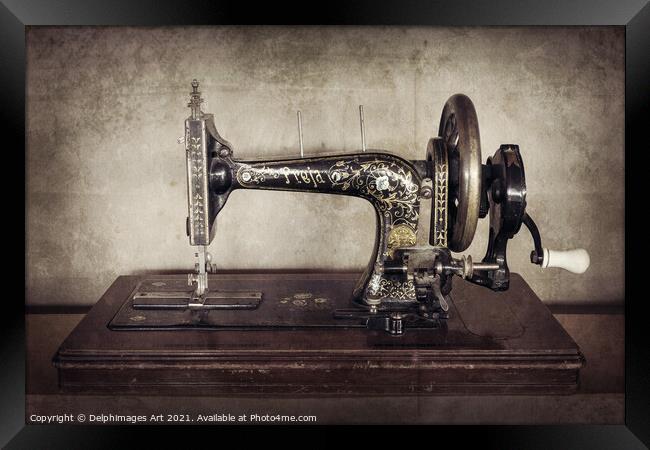 Vintage sewing machine sepia still life Framed Print by Delphimages Art