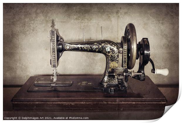 Vintage sewing machine sepia still life Print by Delphimages Art