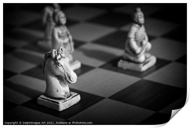 Chess. White knight on a chinese chess game  Print by Delphimages Art