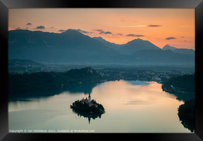Sunrise over Lake Bled from Mala Osojnica Framed Print by Ian Middleton