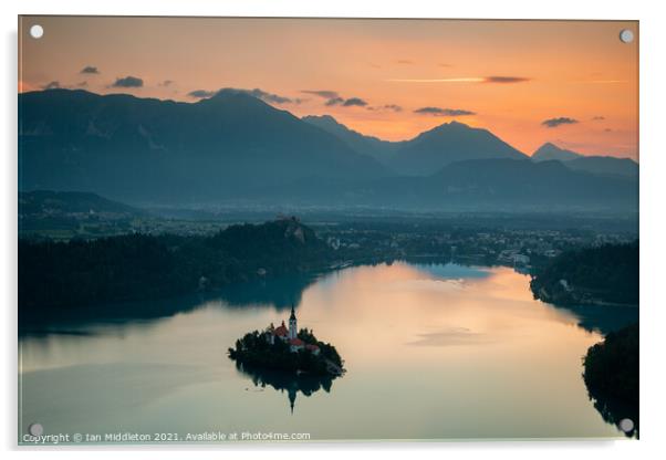 Sunrise over Lake Bled from Mala Osojnica Acrylic by Ian Middleton
