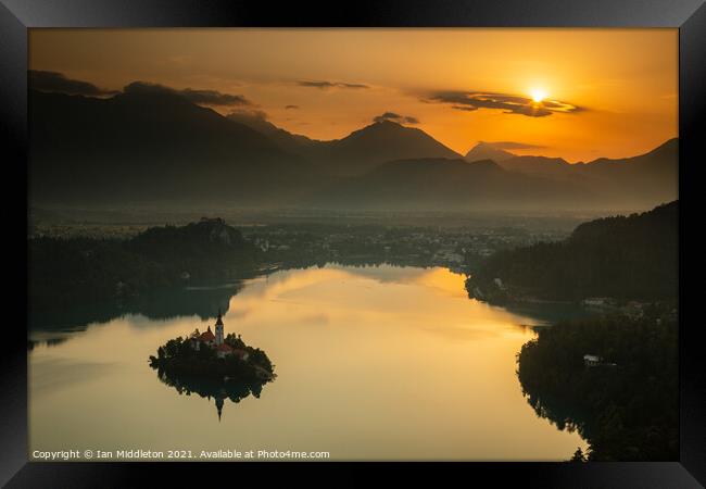 Sunrise over Lake Bled from Mala Osojnica Framed Print by Ian Middleton