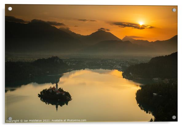 Sunrise over Lake Bled from Mala Osojnica Acrylic by Ian Middleton