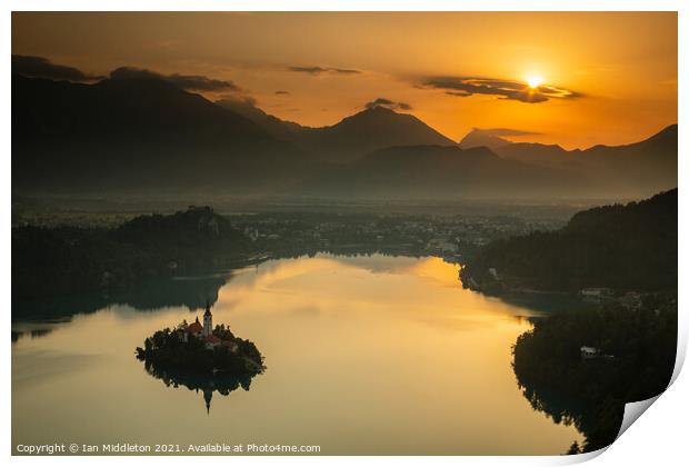 Sunrise over Lake Bled from Mala Osojnica Print by Ian Middleton