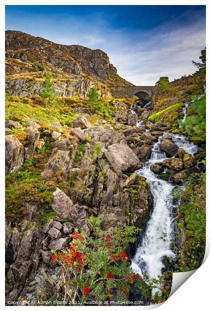 Ogwen Waterfall Snowdonia  Print by Adrian Evans