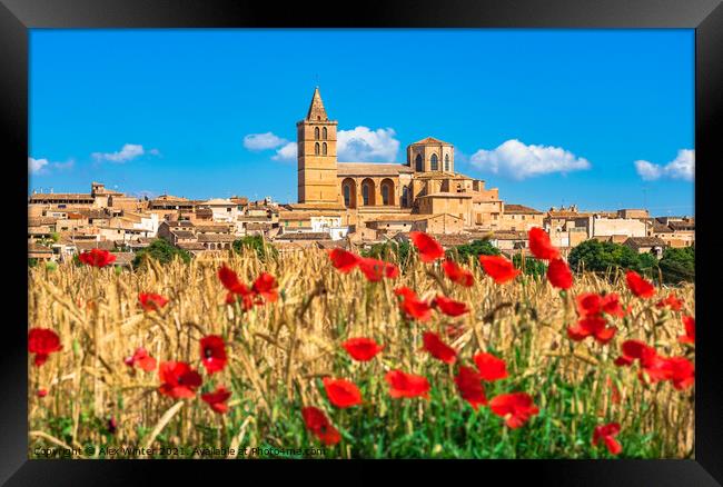 Sineu village Mallorca. Red Poppy Field Framed Print by Alex Winter