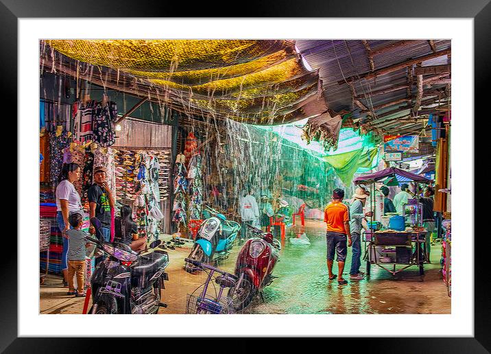 When the big Rain comes to the Chongchom Market in Surin somewhere in Isan Thailand Framed Mounted Print by Wilfried Strang