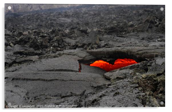 Heart-shaped opening revealing lava in Iceland Acrylic by Lensw0rld 
