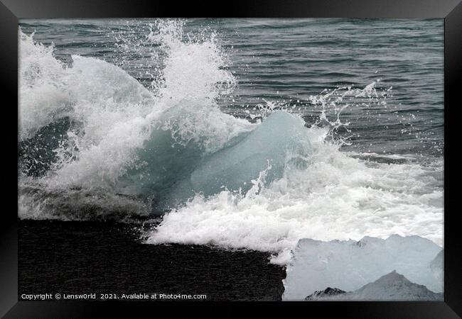 Blocks of glacial ice hit by ocean waves Framed Print by Lensw0rld 