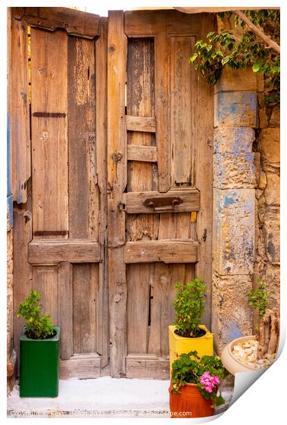 Colourful plant containers and old wooden doors, Print by Kevin Hellon