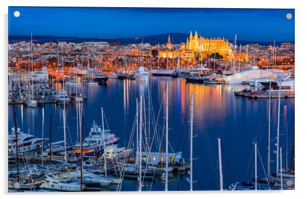 Night view of city Palma de Mallorca with marina p Acrylic by Alex Winter