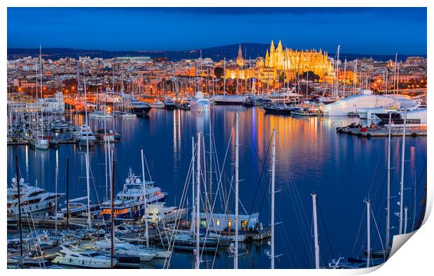 Night view of city Palma de Mallorca with marina p Print by Alex Winter