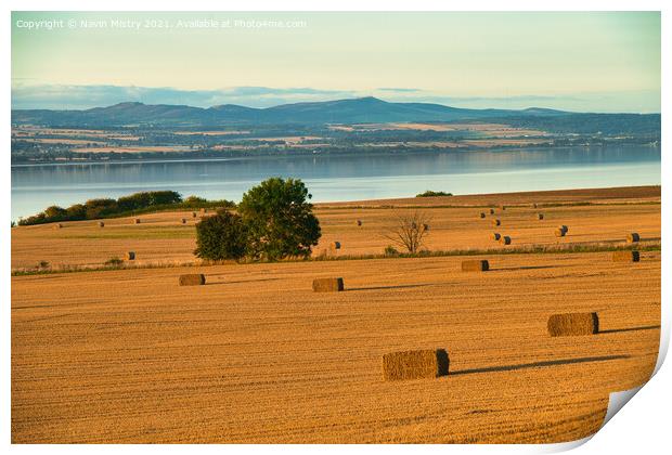 Autumn Haybales and the River Tay, near Newburgh, Fife Print by Navin Mistry