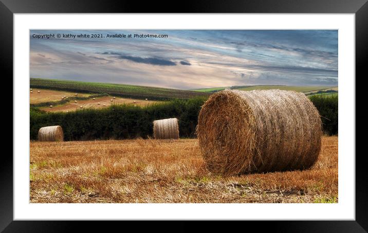 Straw bails  Cornwall countryside autumn Framed Mounted Print by kathy white