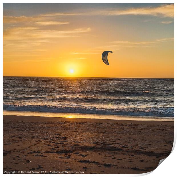 Kitesurfer at Sunset on the beach at South Milton  Print by Richard Fearon