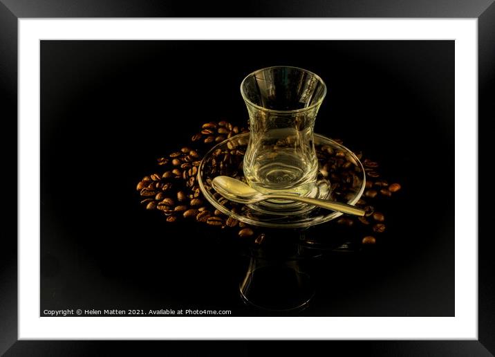 Dark Glass Turkish Coffee cup and beans Framed Mounted Print by Helkoryo Photography