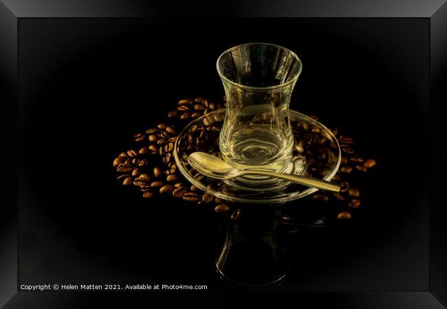 Dark Glass Turkish Coffee cup and beans Framed Print by Helkoryo Photography