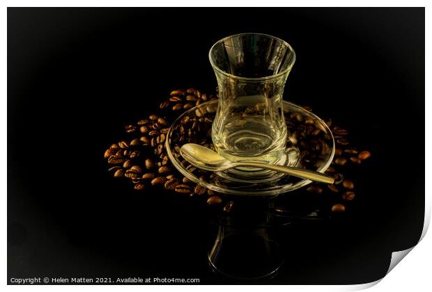 Dark Glass Turkish Coffee cup and beans Print by Helkoryo Photography
