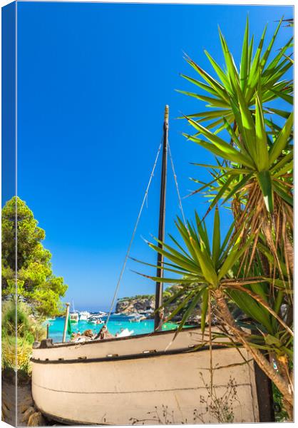 Idyllic view of bay with boats and beautiful turquoise sea water Canvas Print by Alex Winter