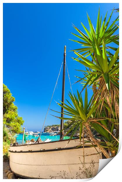 Idyllic view of bay with boats and beautiful turquoise sea water Print by Alex Winter
