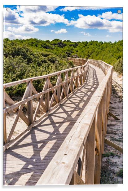 Wooden footbridge over sand dunes at the bay of Alcudia on Majorca Acrylic by Alex Winter