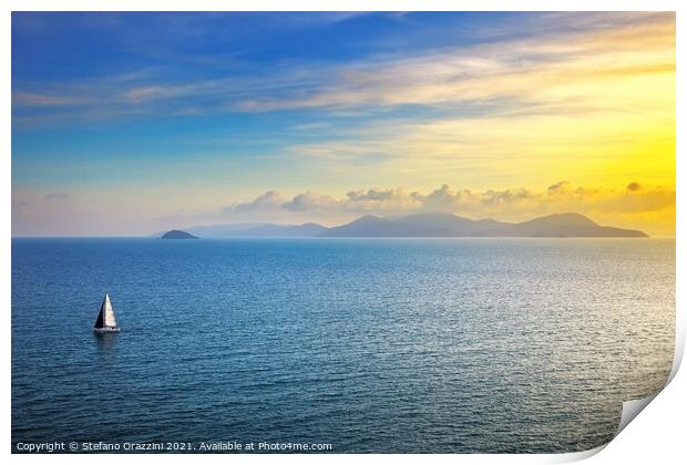 Elba island sunset view and sail boat Print by Stefano Orazzini