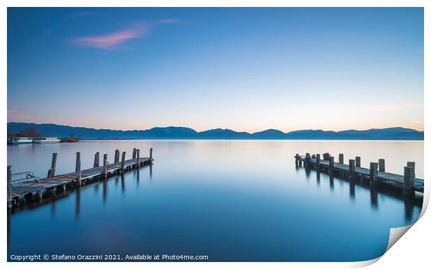 Two Wooden piers on a lake Print by Stefano Orazzini