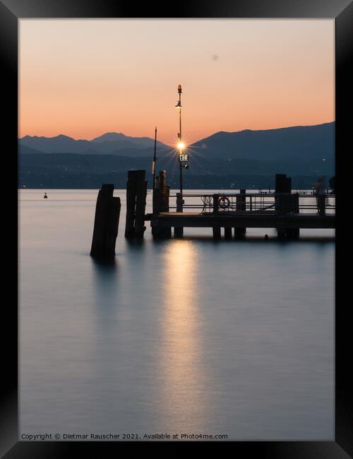 Sirmione Ferry Terminal on Lake Garda Sunset Framed Print by Dietmar Rauscher